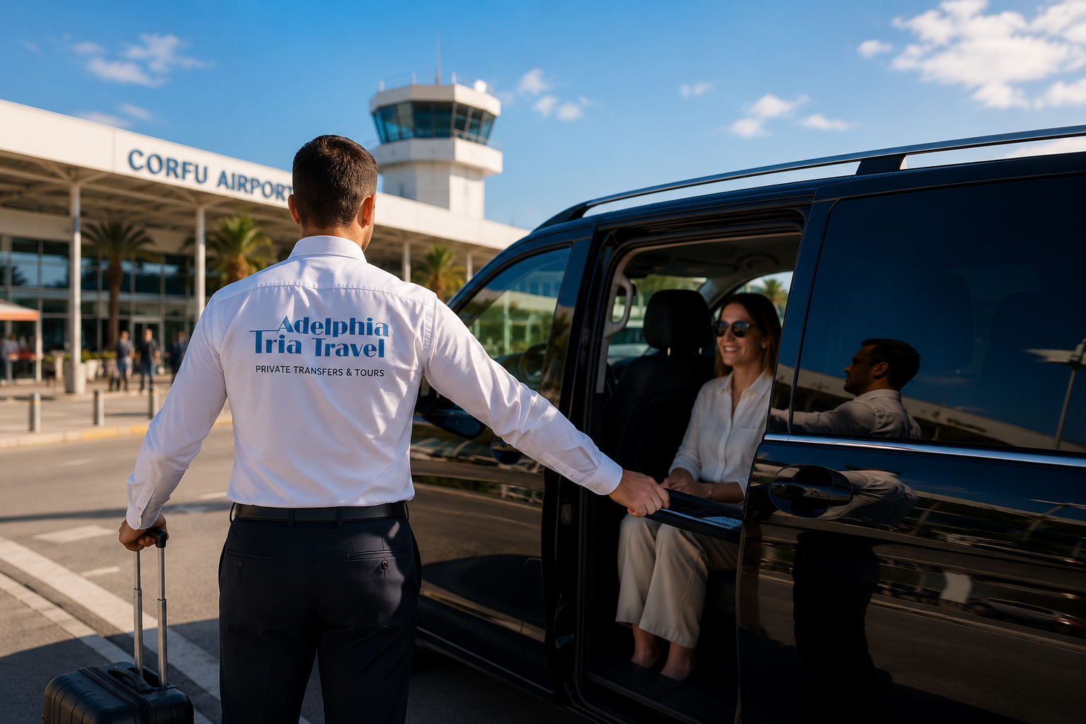 Luxury private transfer vehicle overlooking the stunning coastline of Corfu, showcasing Adelphia Tria Travel's premium transport services.