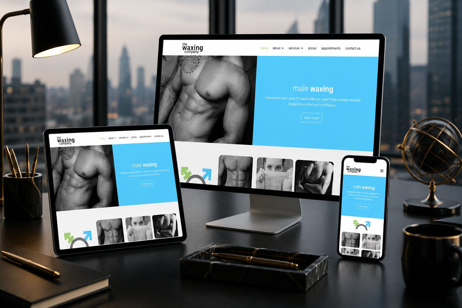 Responsive Joomla! website for The Waxing Company displayed across desktop, tablet and mobile devices, created by WA Designs.