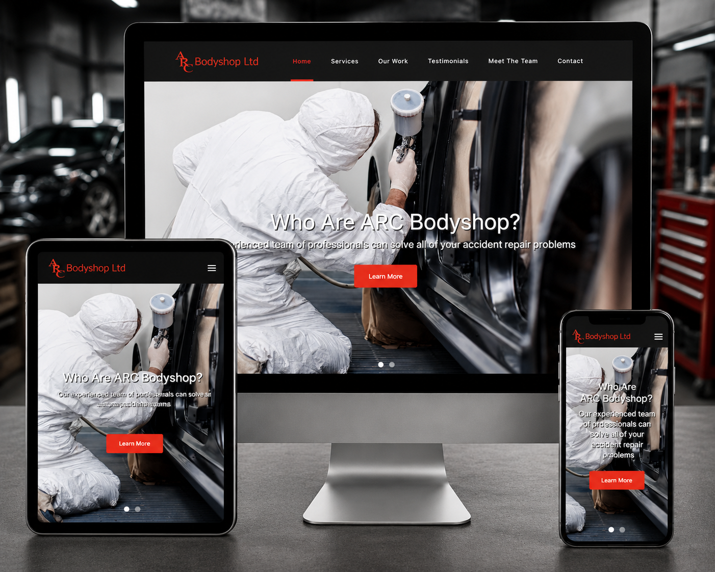 Responsive ARC Body Shop website displayed across desktop, tablet and mobile devices in a professional vehicle repair workshop.