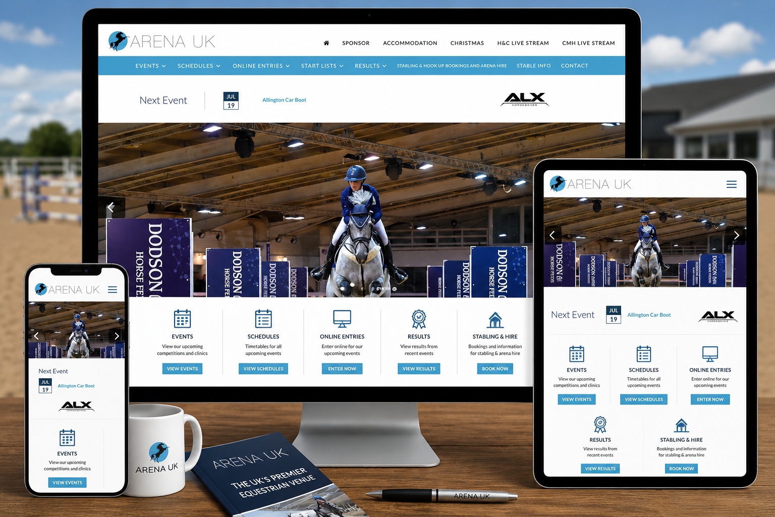 Responsive Arena UK Joomla! website displayed across desktop, tablet and mobile devices overlooking a championship equestrian arena.