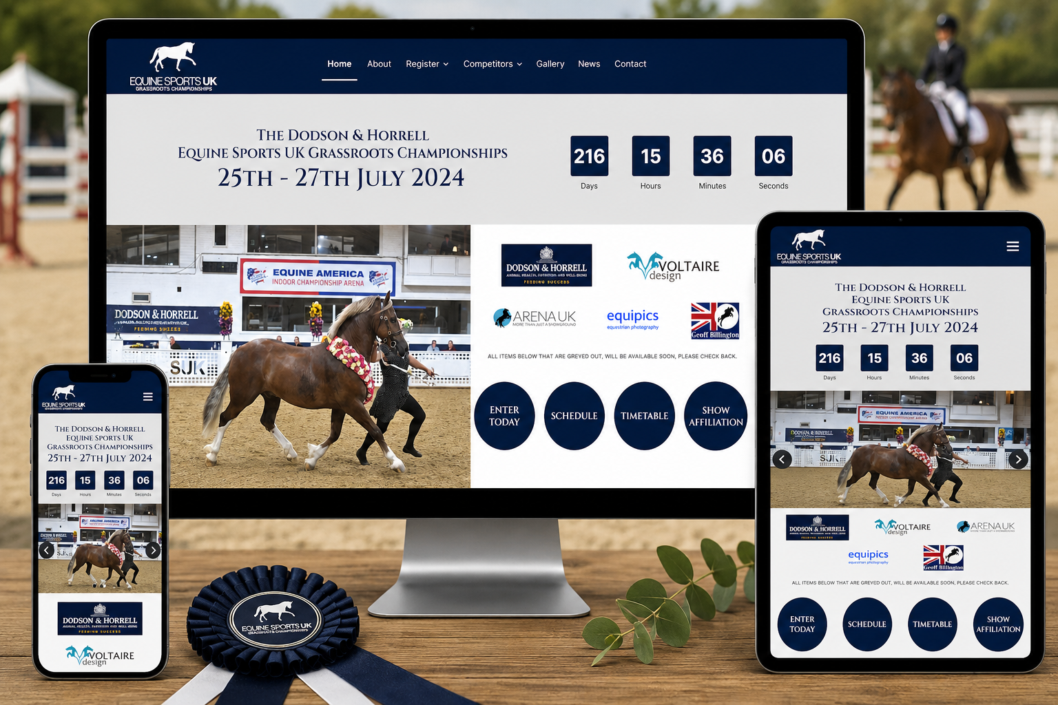 Responsive Equine Sports UK Joomla! website displayed across desktop, tablet and mobile devices overlooking a championship showground.