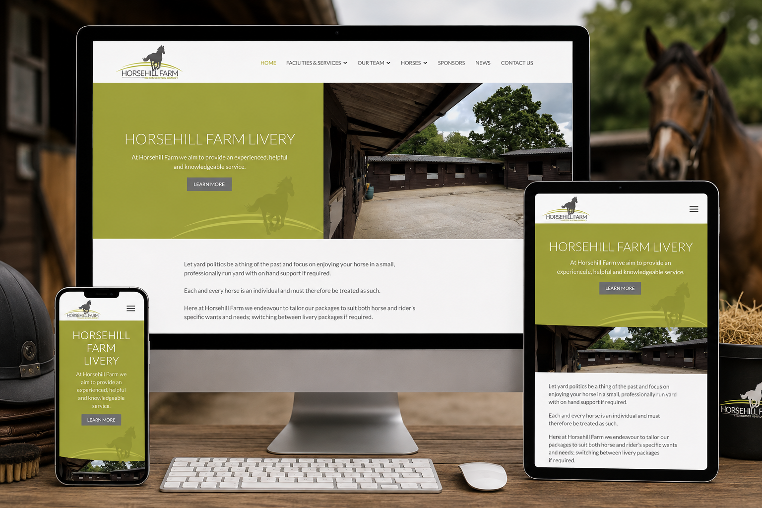Horsehill Farm responsive Joomla! website displayed across desktop, tablet and mobile devices in a premium equestrian yard setting.
