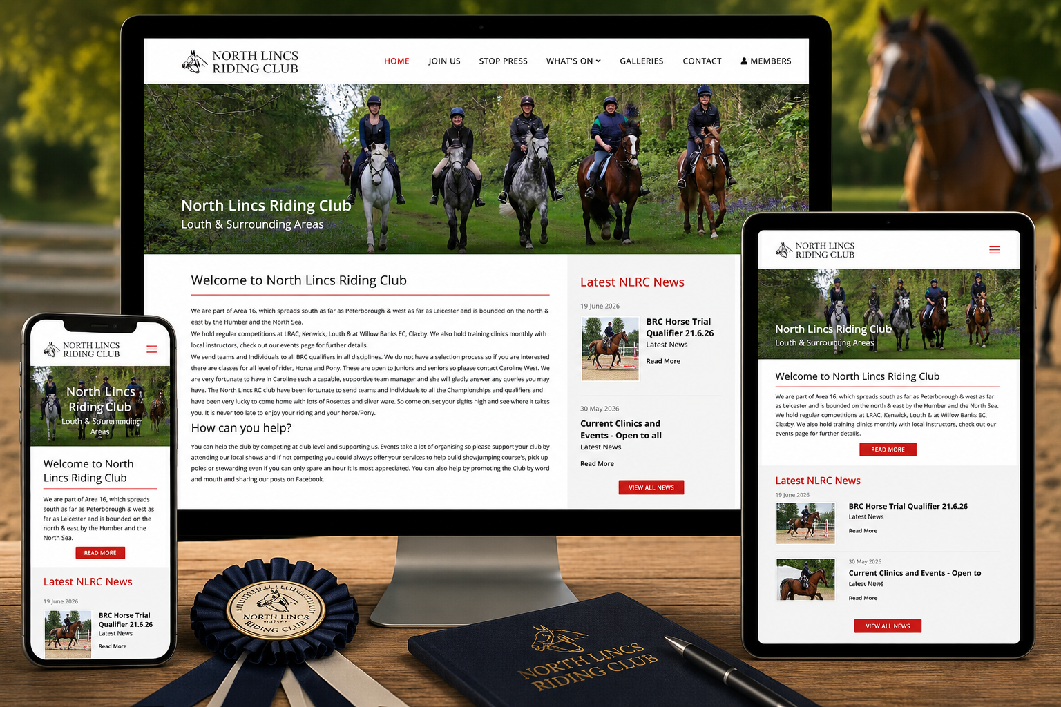Responsive North Lincs Riding Club Joomla! website displayed across desktop, tablet and mobile devices within a countryside equestrian setting.