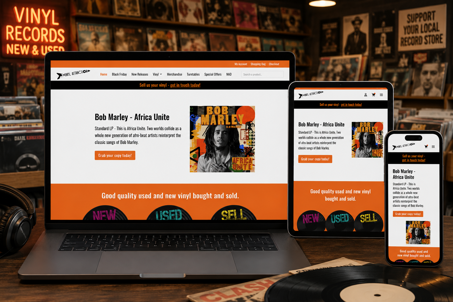 Vinyl Attraction responsive Joomla! eCommerce website displayed across desktop, tablet and mobile devices in a modern music store environment.