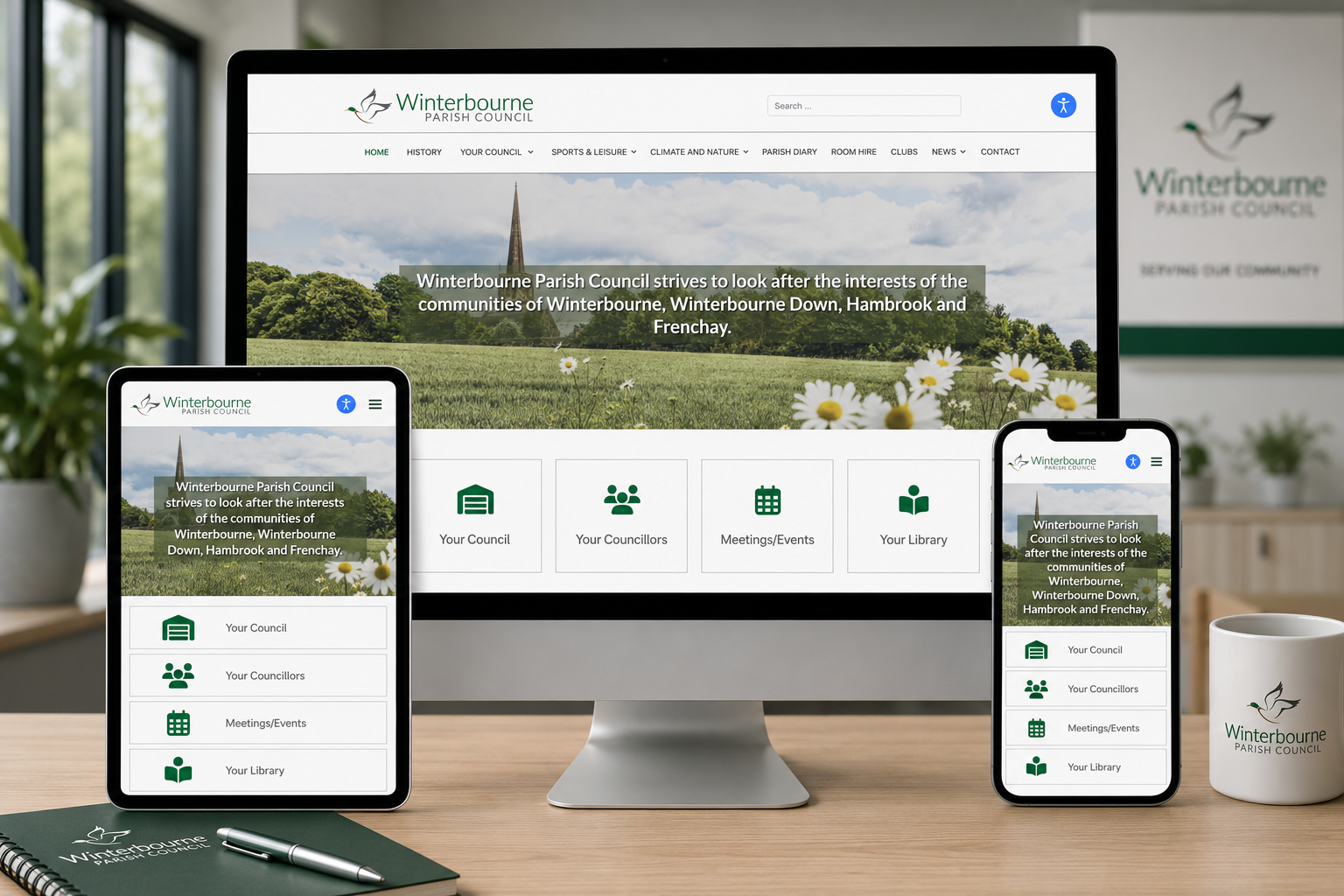 Winterbourne Parish Council responsive Joomla! website displayed across desktop, tablet and mobile devices in a modern council office environment.