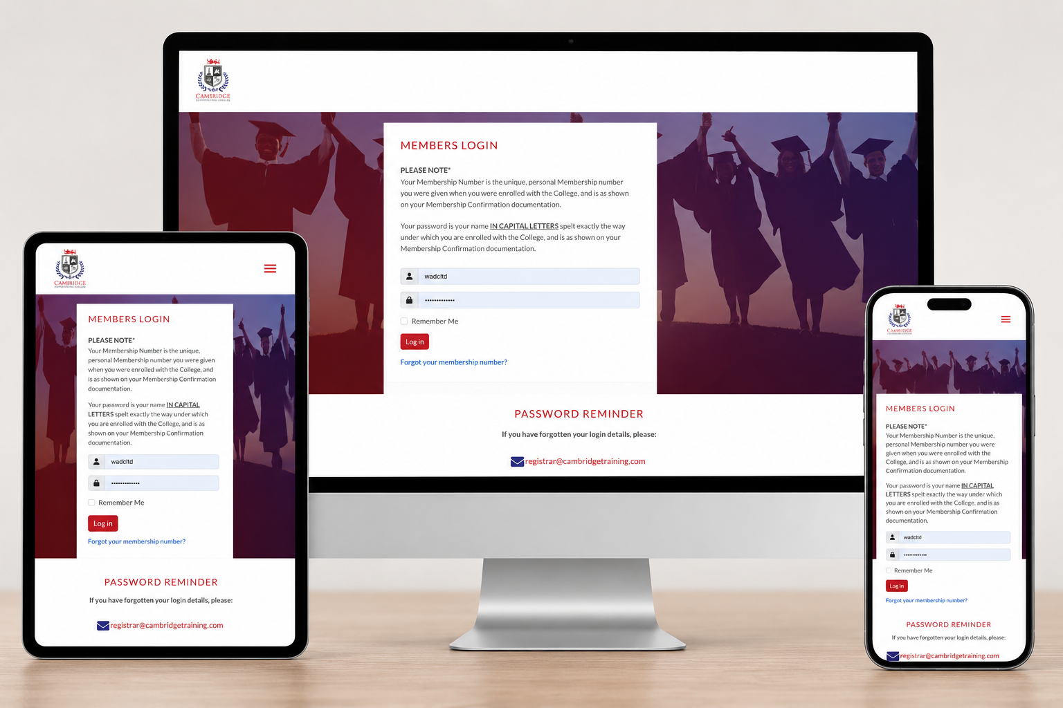 Desktop, mobile & tablet view of the Cambridge International College secure online members area designed and developed by WA Designs.