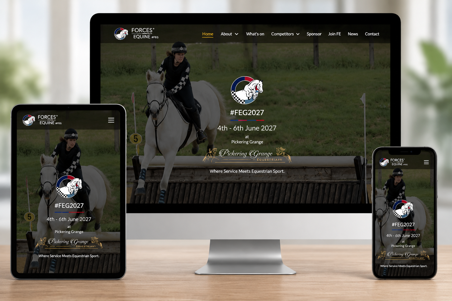 Forces Equine Games website displayed across desktop, tablet and mobile devices demonstrating responsive Joomla website design.
