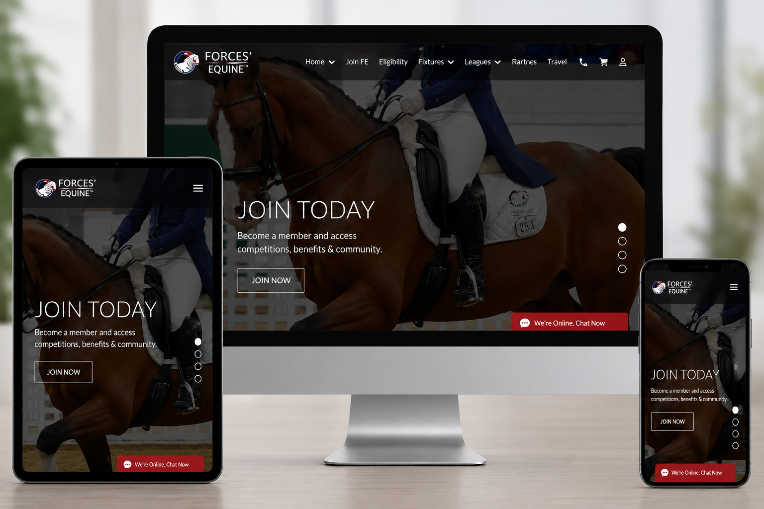 Forces Equine website displayed across desktop, tablet and mobile devices demonstrating fully responsive web design.