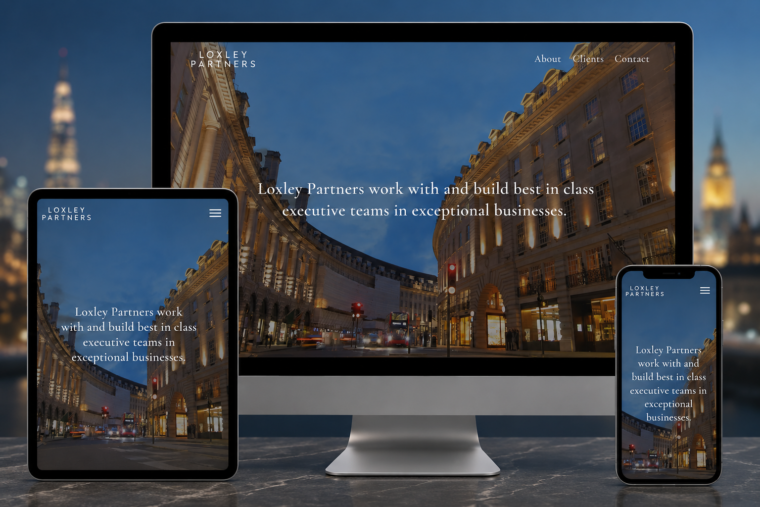 Responsive Loxley Partners website displayed across desktop, tablet and mobile devices within a luxury corporate office environment.