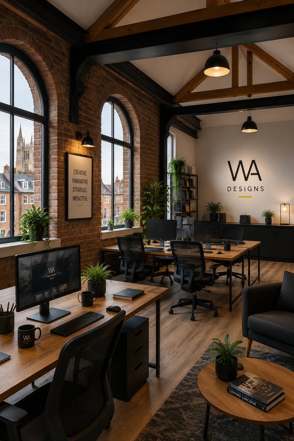 Modern WA Designs Lincolnshire office featuring an open-plan creative workspace with views towards Lincoln Cathedral.